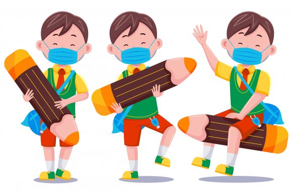 Cute Kids Boy Student with Mask 01: Adapting Visual Assets for Modern Educational Design