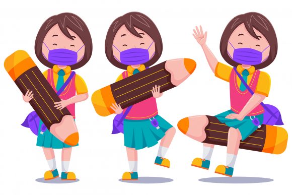 Cute Kids Girl Student with Mask 01 Vector Art